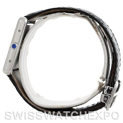 This image shows a side view of a Cartier Tank Solo W1018355 Men
s Stainless Steel Silver Dial W1018355 Men
s Stainless Steel Silver Dial watch, highlighting the case, crown, strap, and buckle.