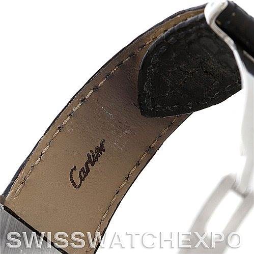 This image shows a side view of the leather strap and buckle of a Cartier Tank Solo W1018355 Men
s Stainless Steel Silver Dial W1018355 Men
s Stainless Steel Silver Dial watch.