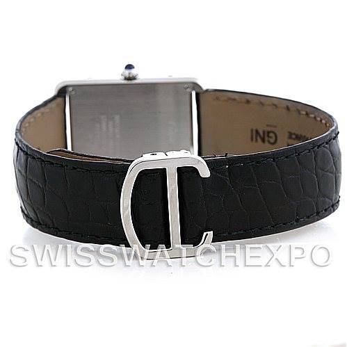 This image shows the back view of a Cartier Tank Solo W1018355 Men
s Stainless Steel Silver Dial W1018355 Men
s Stainless Steel Silver Dial watch, highlighting the leather strap and clasp.