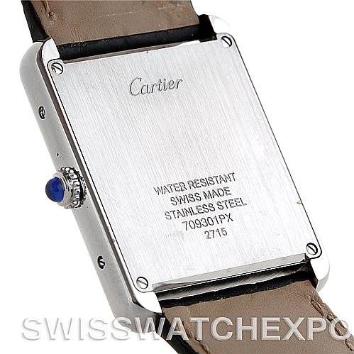 The image shows the back of a Cartier Tank Solo W1018355 Men
s Stainless Steel Silver Dial W1018355 Men
s Stainless Steel Silver Dial watch, including its stainless steel case back and part of the leather strap.