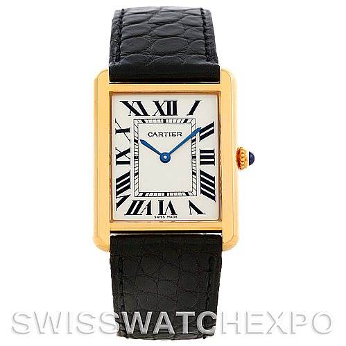 The image shows a frontal view of the Cartier Tank Solo W1018855 Men
s Steel and Gold (two tone) Silver Dial W1018855 Men
s Steel and Gold (two tone) Silver Dial watch, highlighting its face, leather strap, and gold casing.
