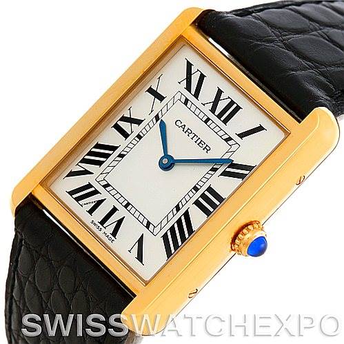 The image shows a Cartier Tank Solo W1018855 Men
s Steel and Gold (two tone) Silver Dial W1018855 Men
s Steel and Gold (two tone) Silver Dial watch at an angle highlighting the face, Roman numeral markers, and part of a black leather strap.