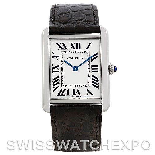The image shows a front view of the Cartier Tank Solo W1018355 Men
s Stainless Steel Silver Dial W1018355 Men
s Stainless Steel Silver Dial watch, highlighting the face, Roman numeral markers, and leather strap.