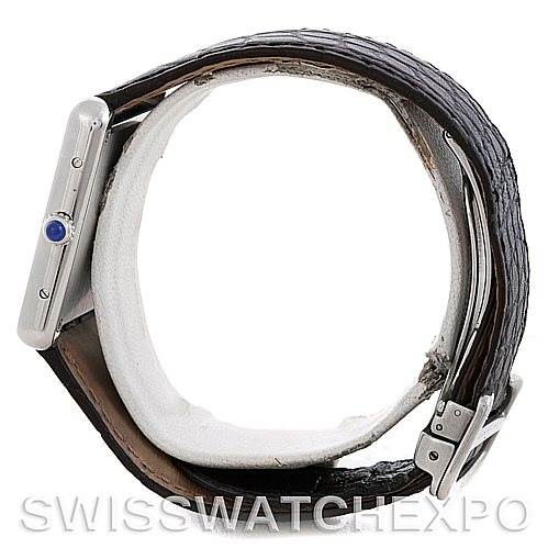 This image shows the side profile of a Cartier Tank Solo W1018355 Men
s Stainless Steel Silver Dial W1018355 Men
s Stainless Steel Silver Dial watch, highlighting the crown and part of the strap.