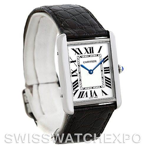 The image shows a front angle of the Cartier Tank Solo W1018355 Men
s Stainless Steel Silver Dial W1018355 Men
s Stainless Steel Silver Dial watch, displaying its face, bezel, and leather strap.