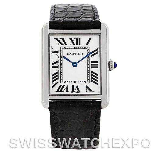 This image shows a front view of the Cartier Tank Solo W1018355 Men
s Stainless Steel Silver Dial W1018355 Men
s Stainless Steel Silver Dial watch, highlighting its rectangular face, Roman numerals, blue hands, and black leather strap.