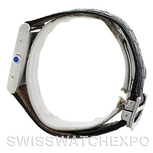 This image shows a side view of the Cartier Tank Solo W1018355 Men
s Stainless Steel Silver Dial W1018355 Men
s Stainless Steel Silver Dial watch, highlighting the case, crown, and leather strap with buckle.