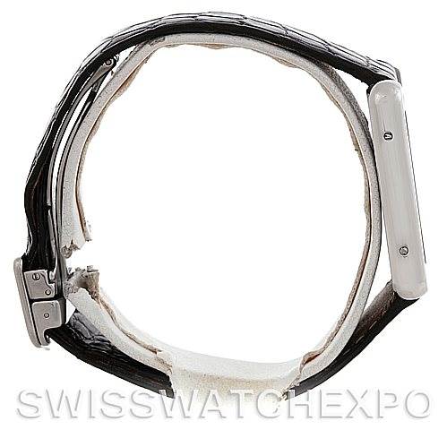 The image shows a side view of a Cartier Tank Solo W1018355 Men
s Stainless Steel Silver Dial W1018355 Men
s Stainless Steel Silver Dial watch, highlighting the crown, case side, and leather strap with clasp.