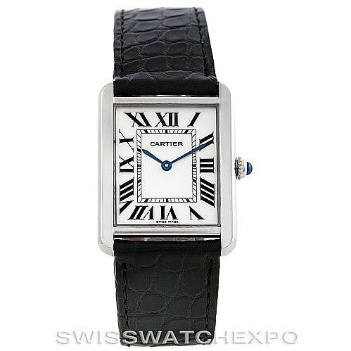 The image shows a front view of the Cartier Tank Solo W1018355 Men's Stainless Steel Silver Dial W1018355 Men's Stainless Steel Silver Dial watch with a black leather strap and Roman numeral dial.