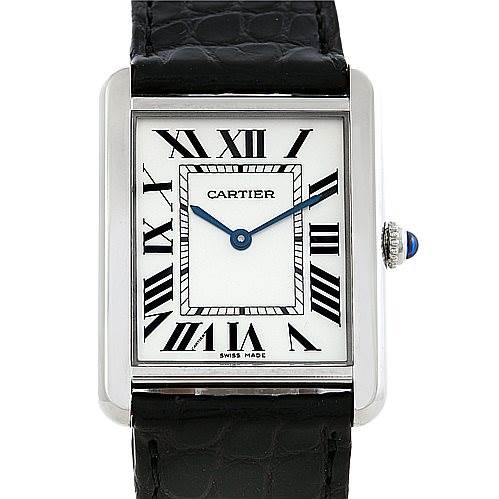 The image shows the front face and strap of the Cartier Tank Solo W1018355 Men's Stainless Steel Silver Dial W1018355 Men's Stainless Steel Silver Dial watch.