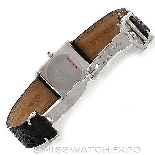 This image shows the back view of the Cartier Tank Solo W1018355 Men's Stainless Steel Silver Dial W1018355 Men's Stainless Steel Silver Dial watch, focusing on the clasp and the underside of the strap.
