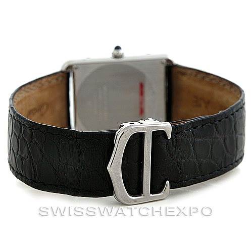 The image shows the back view of a Cartier Tank Solo W1018355 Men's Stainless Steel Silver Dial W1018355 Men's Stainless Steel Silver Dial watch, highlighting its leather strap and clasp.