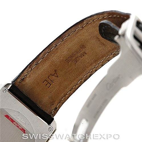 The image shows the underside of the leather strap and part of the clasp of a Cartier Tank Solo W1018355 Men's Stainless Steel Silver Dial W1018355 Men's Stainless Steel Silver Dial watch.