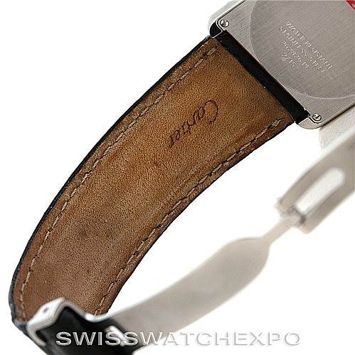 The image shows the leather strap and stainless steel case back of a Cartier Tank Solo W1018355 Men's Stainless Steel Silver Dial W1018355 Men's Stainless Steel Silver Dial watch.