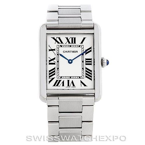 This image shows a front view of the Cartier Tank Solo W5200014 Men
s Stainless Steel Silver Dial W5200014 Men
s Stainless Steel Silver Dial watch, featuring its rectangular face, Roman numeral markers, and metal bracelet.