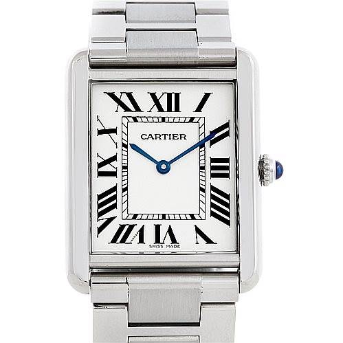 The image shows a frontal view of a Cartier Tank Solo W5200014 Men
s Stainless Steel Silver Dial W5200014 Men
s Stainless Steel Silver Dial watch, highlighting its rectangular face, Roman numerals, and metallic bracelet.