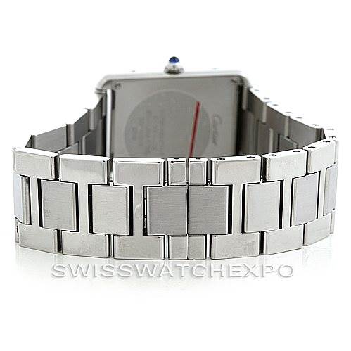 This image shows the back view of a Cartier Tank Solo W5200014 Men
s Stainless Steel Silver Dial W5200014 Men
s Stainless Steel Silver Dial watch, highlighting the stainless steel bracelet and case back.