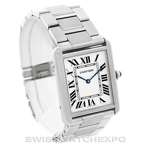 The image shows a Cartier Tank Solo W5200014 Men
s Stainless Steel Silver Dial W5200014 Men
s Stainless Steel Silver Dial model watch from an angled front view, displaying its face, strap, and crown.