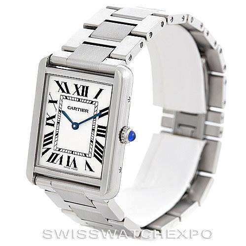 The image shows a side and frontal view of the Cartier Tank Solo W5200014 Men
s Stainless Steel Silver Dial W5200014 Men
s Stainless Steel Silver Dial model, including its rectangular face, Roman numerals, and metal bracelet.