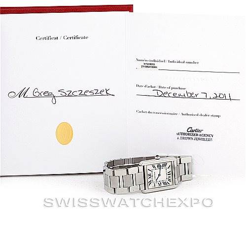 The image displays a Cartier Tank Solo W5200014 Men
s Stainless Steel Silver Dial W5200014 Men
s Stainless Steel Silver Dial watch with its certificate of Best Quality
ity, seen from a front angle.