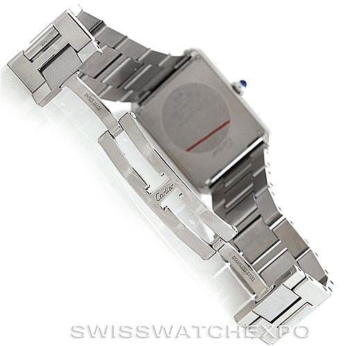 This image shows the back view of a Cartier Tank Solo W5200014 Men
s Stainless Steel Silver Dial W5200014 Men
s Stainless Steel Silver Dial watch, highlighting its clasp and bracelet.