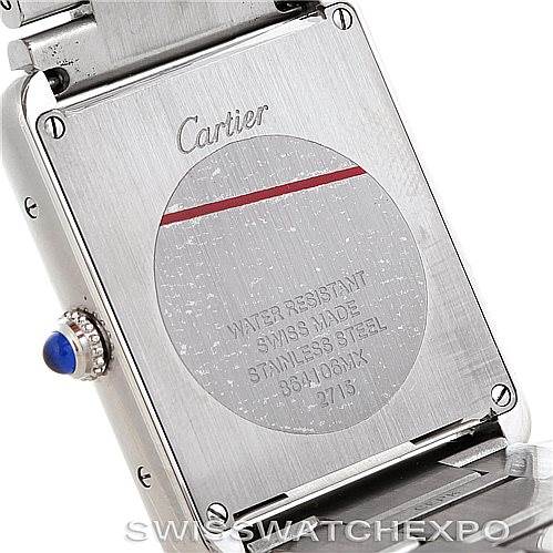 The image shows the back case and crown of a Cartier Tank Solo W5200014 Men
s Stainless Steel Silver Dial W5200014 Men
s Stainless Steel Silver Dial watch at a close-up angle.