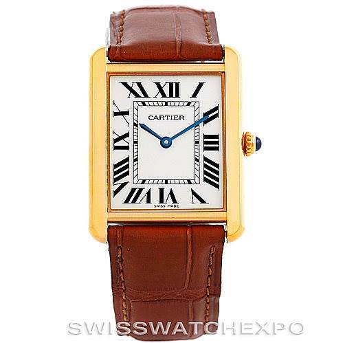This image shows a frontal view of the Cartier Tank Solo W1018855 Men
s Steel and Gold (two tone) Silver Dial W1018855 Men
s Steel and Gold (two tone) Silver Dial watch with a brown leather strap and a gold case.