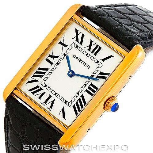 The Cartier Tank Solo W1018855 Men
s Steel and Gold (two tone) Silver Dial W1018855 Men
s Steel and Gold (two tone) Silver Dial watch is shown at an angled view, displaying its rectangular face, Roman numerals, and black leather strap.