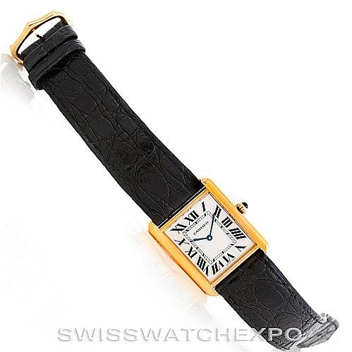 The image shows an overhead view of the Cartier Tank Solo W1018855 Men
s Steel and Gold (two tone) Silver Dial W1018855 Men
s Steel and Gold (two tone) Silver Dial watch, displaying the face, case, and black leather strap.