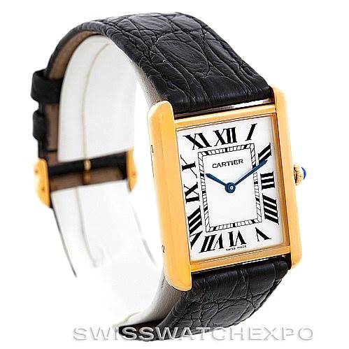 This image shows a Cartier Tank Solo W1018855 Men
s Steel and Gold (two tone) Silver Dial W1018855 Men
s Steel and Gold (two tone) Silver Dial watch from a front-left angle, displaying the face, strap, and crown.