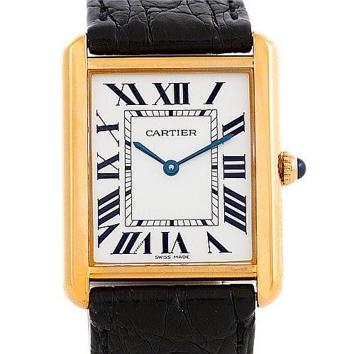 This image shows a front view of the Cartier Tank Solo W1018855 Men
s Steel and Gold (two tone) Silver Dial W1018855 Men
s Steel and Gold (two tone) Silver Dial watch, highlighting its rectangular face, Roman numerals, and a black leather strap.