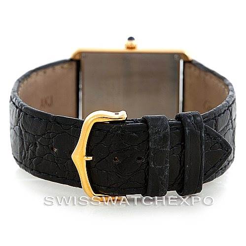 This image shows the back of the Cartier Tank Solo W1018855 Men
s Steel and Gold (two tone) Silver Dial W1018855 Men
s Steel and Gold (two tone) Silver Dial watch, highlighting the leather strap and gold buckle.