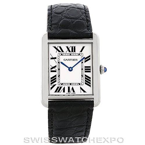 The image shows a front view of the Cartier Tank Solo W1018355 Men
s Stainless Steel Silver Dial W1018355 Men
s Stainless Steel Silver Dial watch, highlighting its black leather strap and rectangular face with Roman numerals.