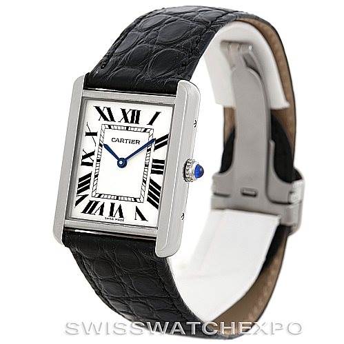 The Cartier Tank Solo W1018355 Men
s Stainless Steel Silver Dial W1018355 Men
s Stainless Steel Silver Dial watch is shown at a slight angle, displaying its face, black leather strap, and buckle.