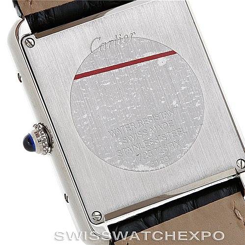 The image shows the back case and part of the strap of a Cartier Tank Solo W1018355 Men
s Stainless Steel Silver Dial W1018355 Men
s Stainless Steel Silver Dial watch.
