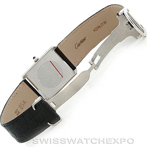 This image shows the back and partially open leather strap of a Cartier Tank Solo W1018355 Men
s Stainless Steel Silver Dial W1018355 Men
s Stainless Steel Silver Dial watch.