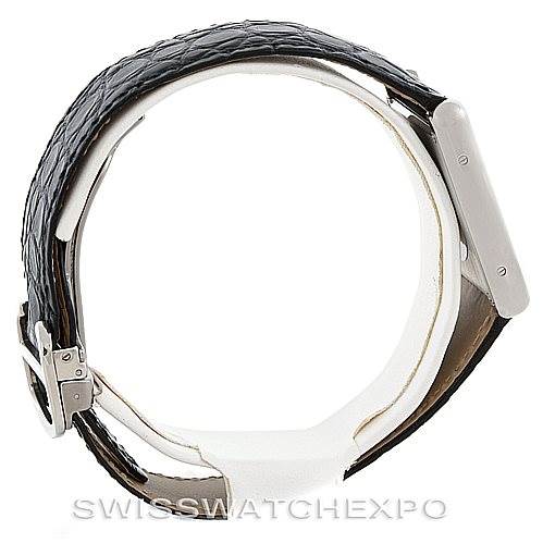 The image shows a side view of the Cartier Tank Solo W1018355 Men
s Stainless Steel Silver Dial W1018355 Men
s Stainless Steel Silver Dial watch, focusing on the strap and case.