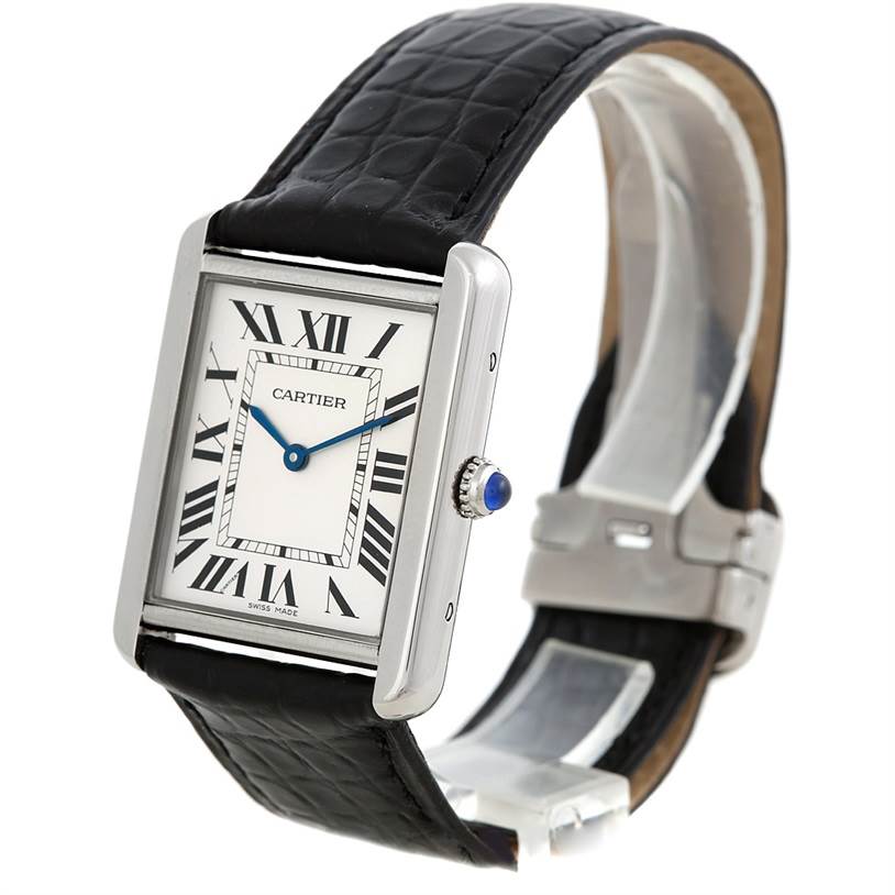 The Cartier Tank Solo W1018355 Men
s Stainless Steel Silver Dial W1018355 Men
s Stainless Steel Silver Dial watch is shown at a slight side angle, displaying the face, crown, and strap.