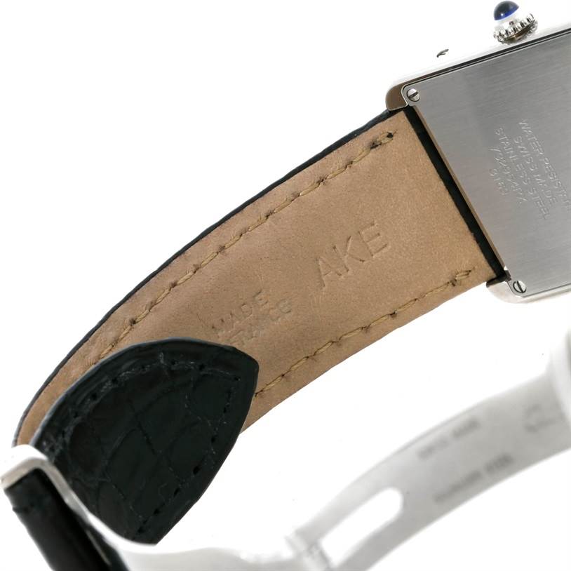 This image shows the backside of the strap and case of a Tank Solo model by Cartier.