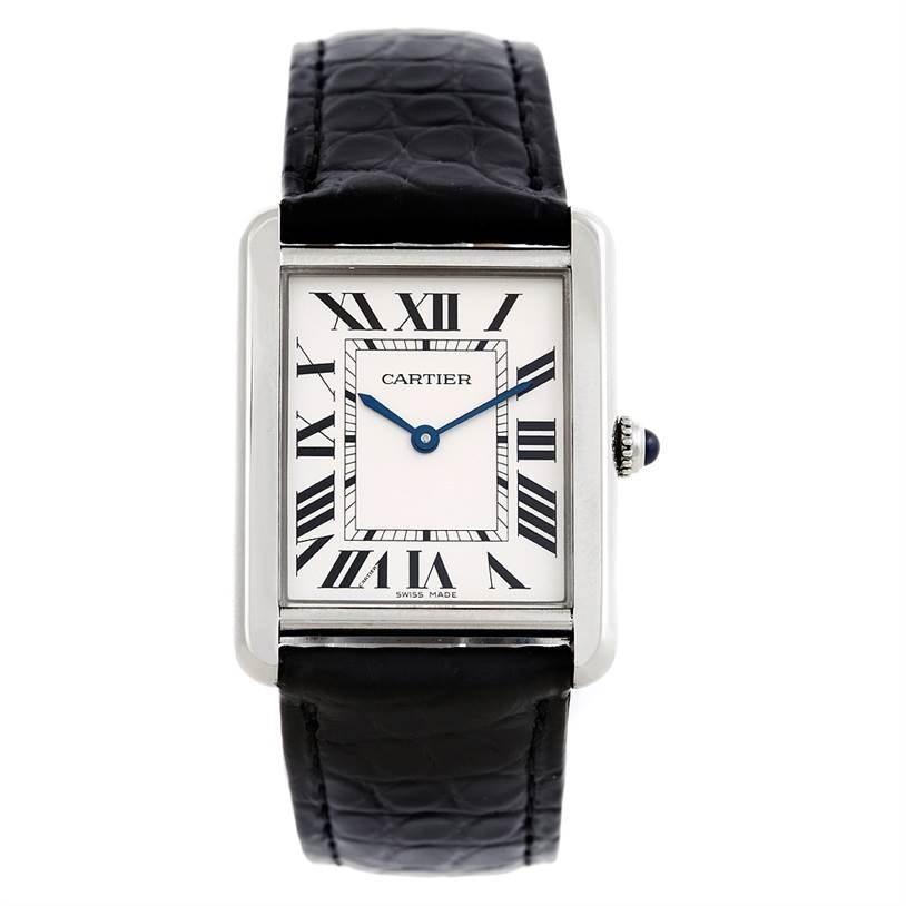 This image shows a front-facing Cartier Tank Solo W1018355 Men
s Stainless Steel Silver Dial W1018355 Men
s Stainless Steel Silver Dial watch, displaying the dial, case, crown, and part of the strap.