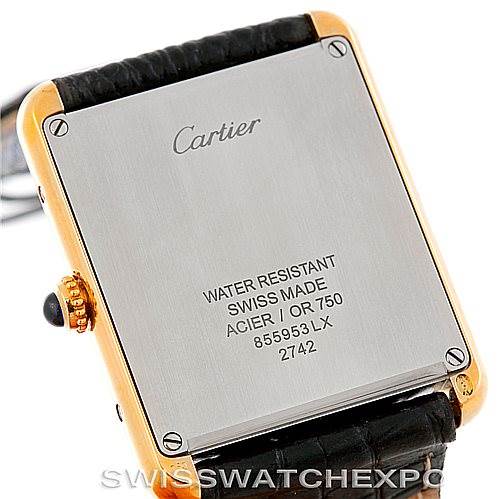 The image shows the back case of a Cartier Tank Solo W1018855 Men
s Steel and Gold (two tone) Silver Dial W1018855 Men
s Steel and Gold (two tone) Silver Dial watch, highlighting the brand, model, and specifications.