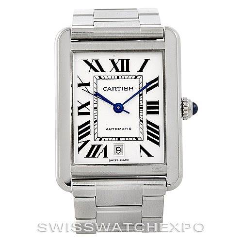 This image shows a front view of a Cartier Tank Solo W5200028 Men
s Stainless Steel Silver Dial W5200028 Men
s Stainless Steel Silver Dial watch, highlighting the face, bezel, crown, and part of the bracelet.