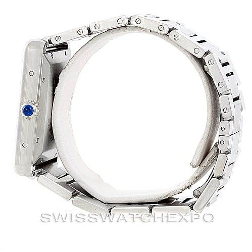This image shows a side view of the Cartier Tank Solo W5200028 Men
s Stainless Steel Silver Dial W5200028 Men
s Stainless Steel Silver Dial watch, focusing on the case, crown, and bracelet.