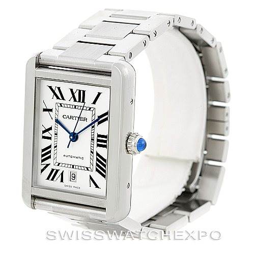 The image shows a front and slightly angled side view of the Cartier Tank Solo W5200028 Men
s Stainless Steel Silver Dial W5200028 Men
s Stainless Steel Silver Dial watch, highlighting its rectangular face, bracelet, and crown.