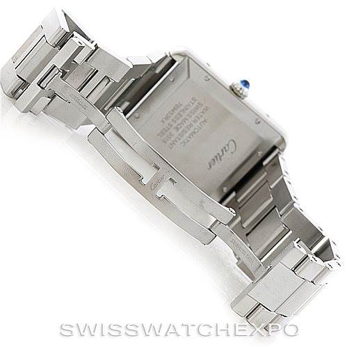 The image shows the back case and bracelet clasp of the Cartier Tank Solo W5200028 Men
s Stainless Steel Silver Dial W5200028 Men
s Stainless Steel Silver Dial watch.