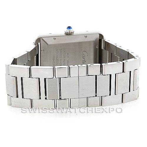 The image shows the back view of a Cartier Tank Solo W5200028 Men
s Stainless Steel Silver Dial W5200028 Men
s Stainless Steel Silver Dial watch, highlighting the stainless steel bracelet and case back.
