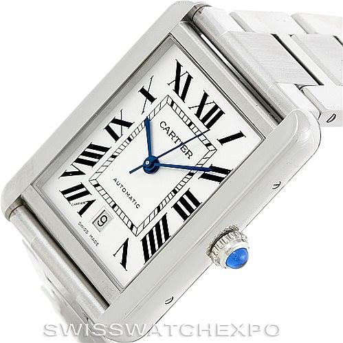 The image shows a close-up angled view of the Cartier Tank Solo W5200028 Men
s Stainless Steel Silver Dial W5200028 Men
s Stainless Steel Silver Dial watch, highlighting its face, crown, and part of the bracelet.
