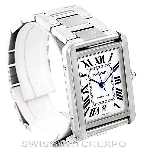 The image shows a Cartier Tank Solo W5200028 Men
s Stainless Steel Silver Dial W5200028 Men
s Stainless Steel Silver Dial watch from a front angle, highlighting its rectangular face, Roman numerals, and metal bracelet.