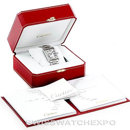 The image shows a Cartier Tank Solo W5200028 Men
s Stainless Steel Silver Dial W5200028 Men
s Stainless Steel Silver Dial watch in a red Cartier box, along with its documentation and manuals.