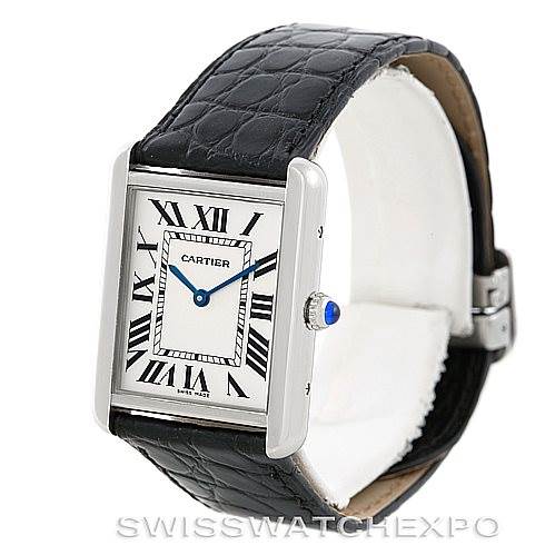 The image shows a Cartier Tank Solo W1018355 Men
s Stainless Steel Silver Dial W1018355 Men
s Stainless Steel Silver Dial watch angled to display the face, crown, and leather strap.